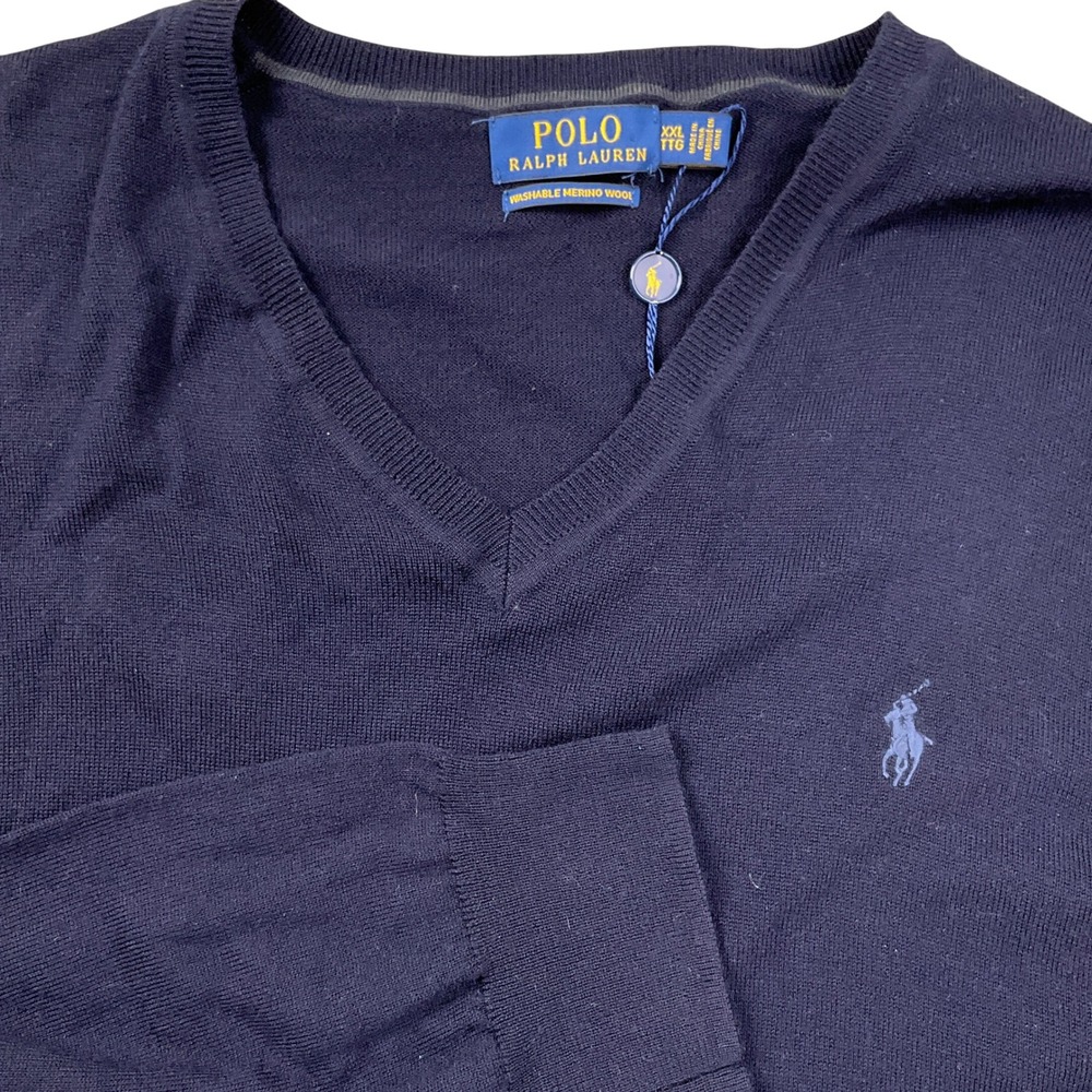 Polo Ralph Lauren Sweater Mens‎ 2XLarge Navy Blue Logo Washable Merino Wool
